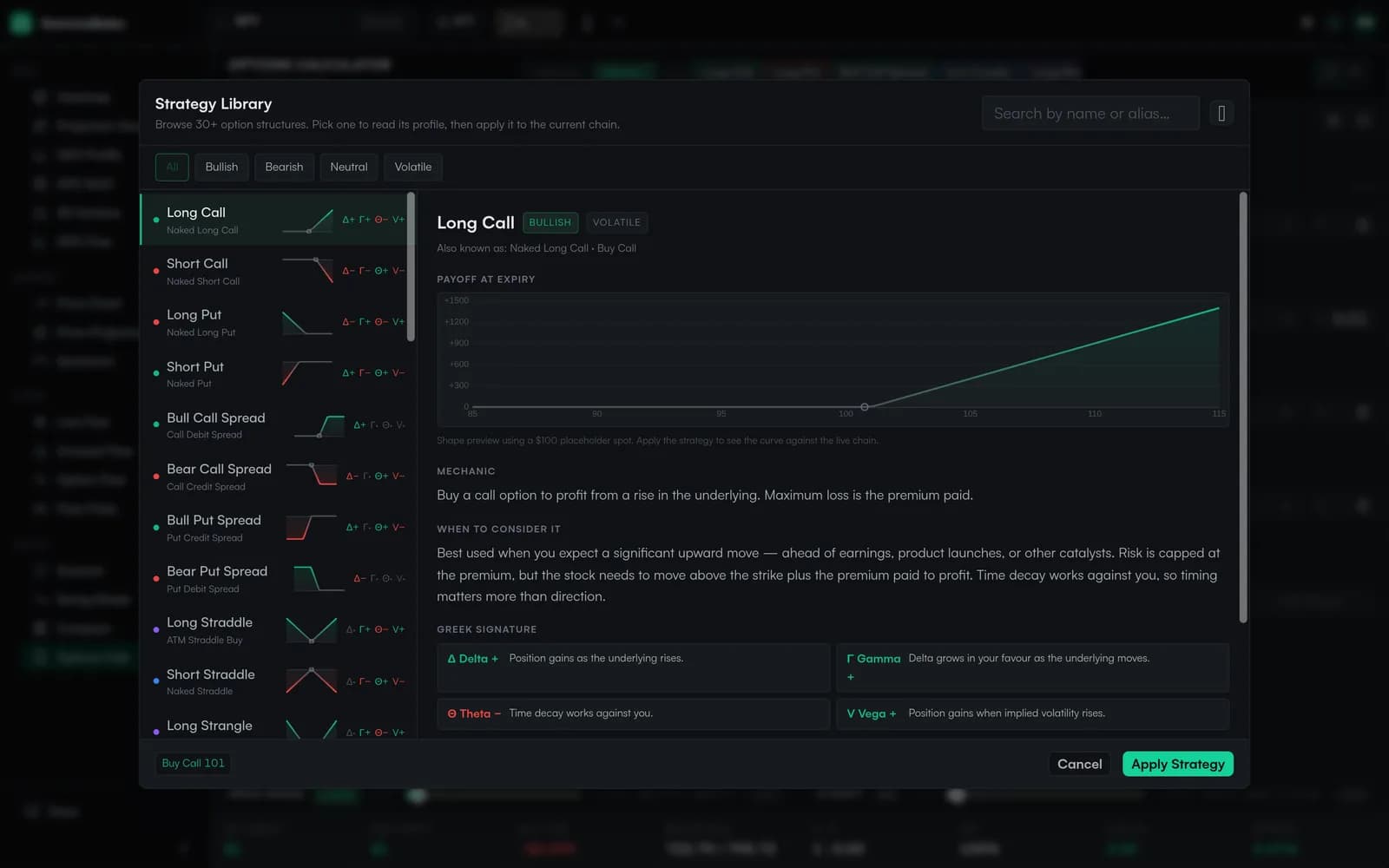 GammaBaba options strategy calculator — preset library of multi-leg strategies with payoff charts